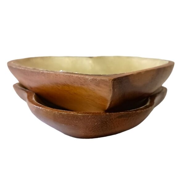 2 Capiz Shell Lined Monkey Pod Dish Set MCM Card Suit Bowls Acacia Spade Heart. - Picture 7 of 16
